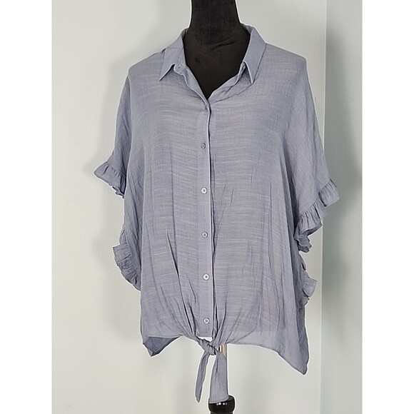 Ana Blouse Large Button Up Ruffle Trim Angel Sleeve Tie Waist Blue Semi Sheer - Picture 1 of 12